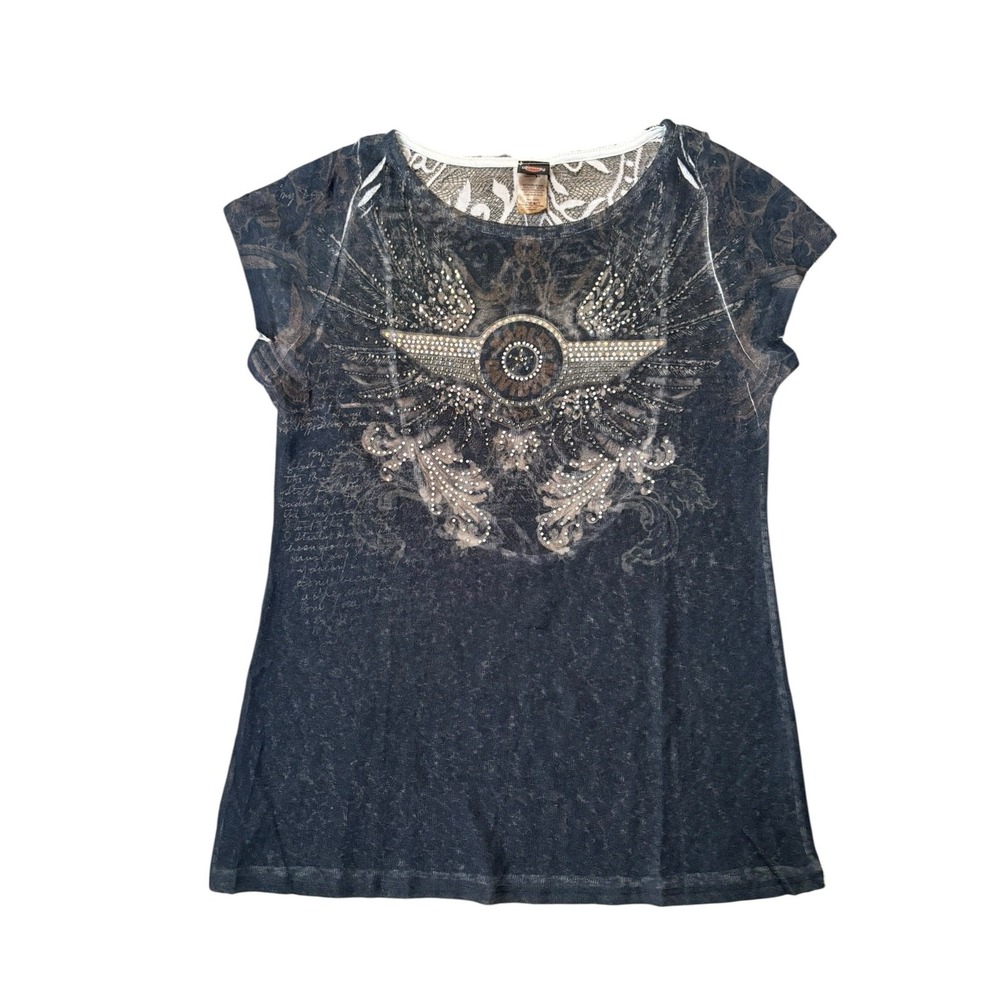 VTG Y2K NWT Sheer Harley Davidson Burnout Rhinestone Baby Tee L Tattoo Tribal